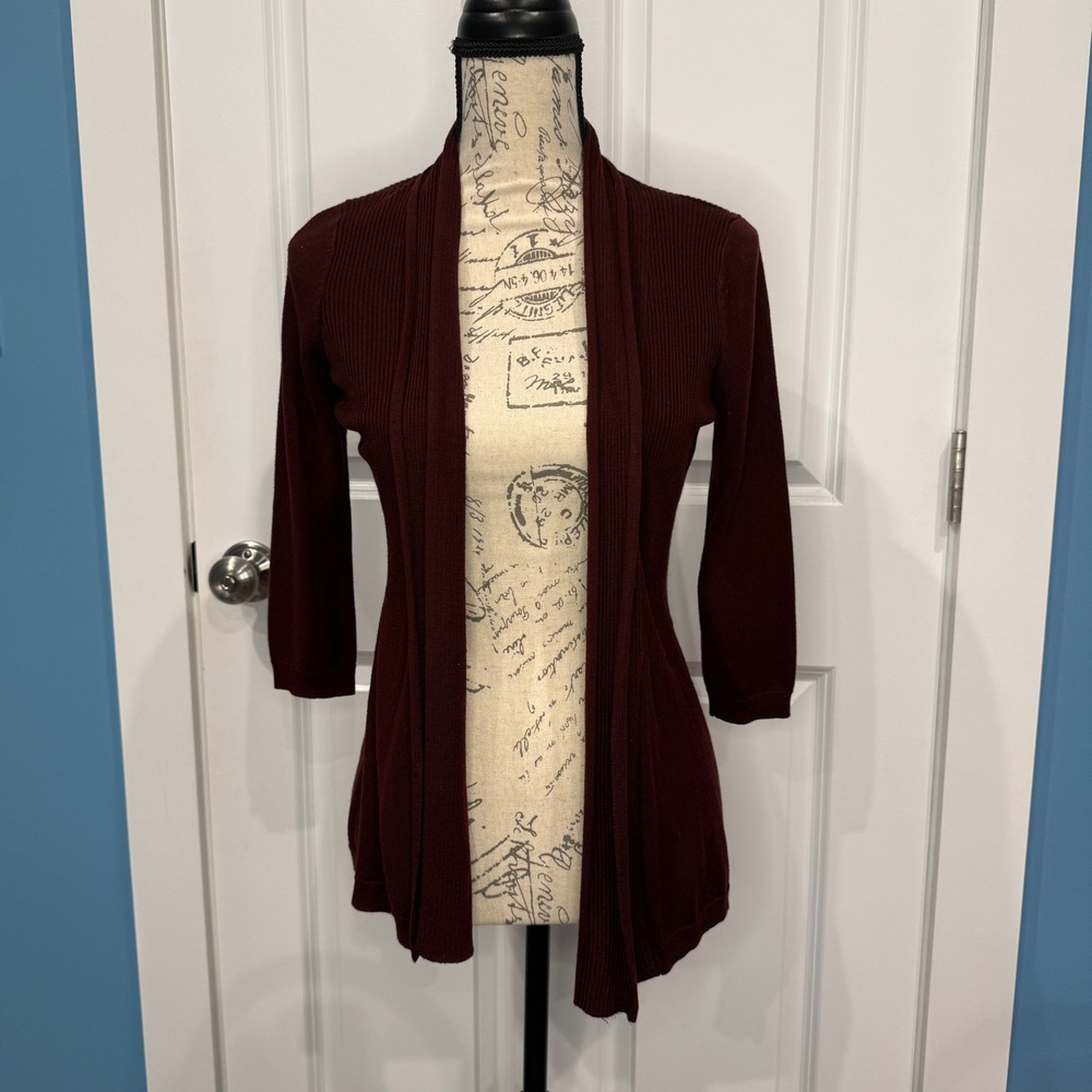 New York & Company Burgundy Ribbed Open Front‎ Cardigan Sweater Size XS Burgundy